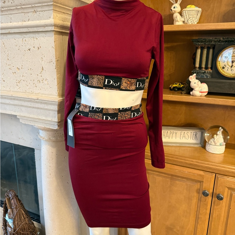 Black Thread Label repurposDior Burgundy Bodycon Dress with Leopard-Print Accent